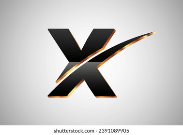 Gold and black color alphabet X with swoosh. Elegant Gold Color alphabet vector illustration