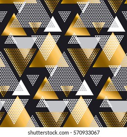 Gold and black color creative repeatable motif with triangles for wrapping paper or fabric. Modern seamless pattern vector illustration in geometry style.