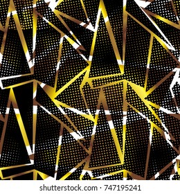 Gold and black color creative repeatable motif with triangles for wrapping paper or fabric. Modern seamless pattern vector illustration in geometry style.