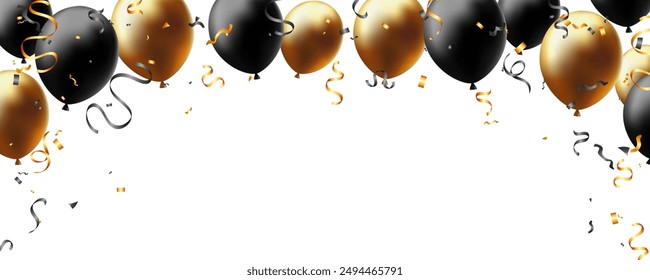 fondo de tarjeta de felicitación de decoración de Elementos de fiesta de color dorado y negro. globo, cinta y confeti. descuento