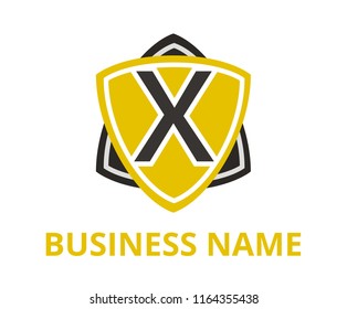 gold and black color simple triangle shield shape hexagon star logo graphic design with modern clean style for protection or security company with initial type letter x on it