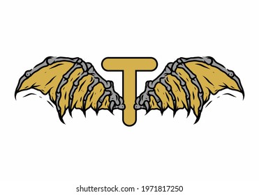 Gold black color of T initial letter with vintage wings design