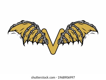 Gold black color of V initial letter with vintage wings design