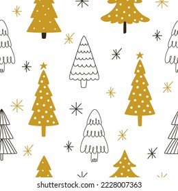 Gold and black contour Christmas trees are decorated on a white background for the winter holidays. Seamless pattern for a gift on fabric or paper for friends and family for Christmas and New Year