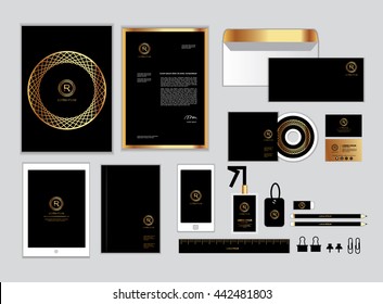 gold and black corporate identity template for your business includes CD Cover, Business Card, folder, ruler, Envelope and Letter Head Designs set 2