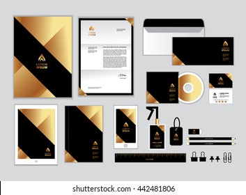 Gold And Black Corporate Identity Template For Your Business Includes CD Cover, Business Card, Folder, Ruler, Envelope And Letter Head Designs 