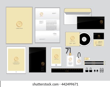 Gold And Black Corporate Identity Template For Your Business Includes CD Cover, Business Card, Folder, Ruler, Envelope And Letter Head Designs Set 3