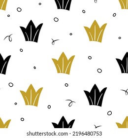 Gold and black Crowns seamless pattern . Cute baby and little princess design. Royalty crown symbol pattern. Children room wallpaper and clothes texture. Vector illustration. 
