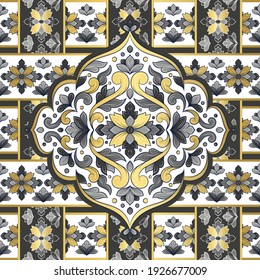 Gold and black damask vector seamless pattern. Vintage, paisley elements. Traditional, Turkish motifs. Great for fabric and textile, wallpaper, packaging or any desired idea.
