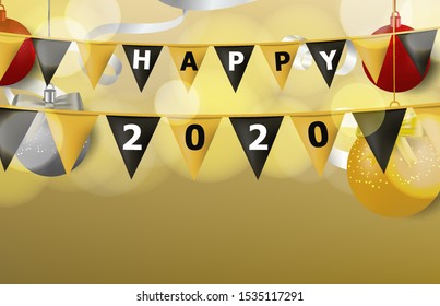 gold and black decoration flag with word happy new year 2020