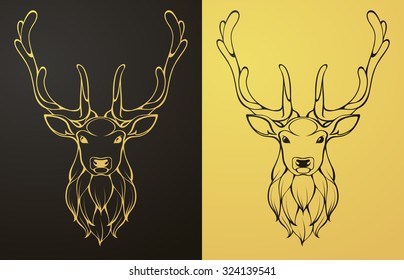 Gold and black deer icon. Linear graphic stylized animal vector illustration. Deer head with horns can be used as design for tattoo, t-shirt, bag, poster, postcard