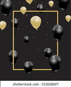 Gold And Black Elegant Vector Balloons. Realistic Beautiful Celebration Concept With Confetti, Gold Frame. Golden Vector Frame, Black Gold Balloons. Party Elegant Concept, Flyer, Invitation.