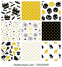 Gold and black elegant vector seamless pattern designs for Halloween greeting cards, invitations and backgrounds