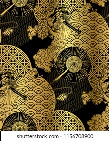 gold and black fan flowers japanese chinese vector design pattern