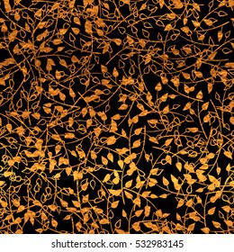 Gold and black fantasy seamless pattern with  print of golden branch. Bright festive background.  Vector illustration. Shiny splash cover. Texture of gold foil. Silhouette freehand floral wrapping.
