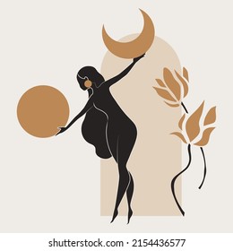 Gold and black feminine wall art, vector set. Artistic drawing of a silhouette in a mystical and abstract form. Abstract body art design for print, cover, wallpaper, minimal wall art.