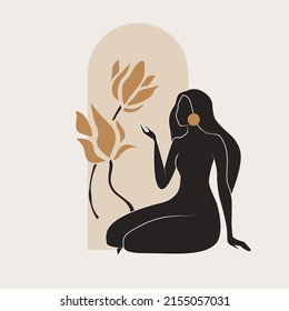 Gold and black feminine wall art, vector set. Artistic drawing of a silhouette in a mystical and abstract form. Abstract body art design for print, cover, wallpaper, minimal wall art.