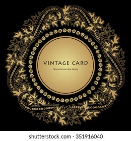 Gold and black filigree frame. Round ornament with paisley. Floral border in luxury style. Vector illustration.