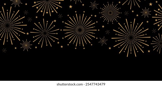 Banner de fogos de artifício dourado e preto, design de borda festiva starburst vetor, papel de parede de celebração, escuro