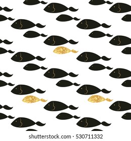 Gold and black fish. Silhouette illustration. Modern pattern for gift paper, wallpapers etc.