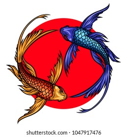 Gold and black fishes on red sun vector illustration. Symbols of luck, harmony and happiness. Good for posters, logos, prints, tattoo ideas. 
