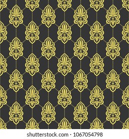 Gold and black fleur de lis seamless pattern. Vintage royal , heraldic lilly. Ornament. Turkish, Indian motifs. Great for fabric and textile, flyer, banner, business cards, wallpaper, packaging