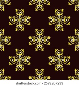 Gold and black floral damask seamless vector pattern with decorative ornament. Vector illustration. Idea for wallpaper, carpets, curtains, rugs, pottery, and tiles.