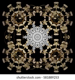 Gold black floral ornament in baroque style. Golden floral wallpaper. Damask background. Golden element on black background.