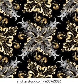Gold black floral ornament in baroque style. Damask background. Seamless pattern. Golden element on black background. Golden floral wallpaper.