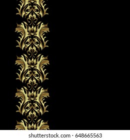 Gold black floral ornament in baroque style. Golden element on black background. Golden floral wallpaper. Damask background. Seamless pattern.