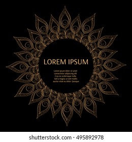 Gold black frame vector with peacock feather. Oriental ornament frame with decorative golden foil design. 