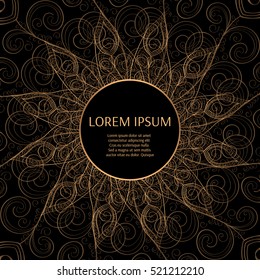 Gold black frame vector with peacock feather. Abstract oriental mandala frame with decorative golden foil. Design for fashion banner, cover, save the date card, wedding or birthday party invitation.