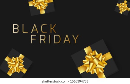 gold black Friday on black background with gold ribbon bow gift box. concept for banner discount sale on black Friday in vector illustration