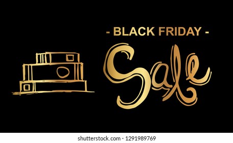 Gold Black Friday Sale Banner and Book. Flat Line Icon, Sign, Symbol Isolated Background. Graphic Design Abstract Art, Elements, Vector Illustration EPS 10.