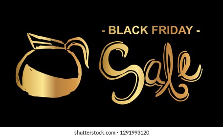 Gold Black Friday Sale Banner and Coffee. Flat Line Icon, Sign, Symbol Isolated Background. Graphic Design Abstract Art, Elements, Vector Illustration EPS 10.