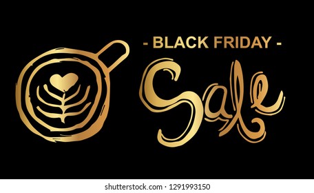 Gold Black Friday Sale Banner and Coffee. Flat Line Icon, Sign, Symbol Isolated Background. Graphic Design Abstract Art, Elements, Vector Illustration EPS 10.
