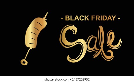 Gold Black Friday Sale Banner and Barbecue. Flat Line Icon, Sign, Symbol Isolated Background. Graphic Design Abstract Art, Elements, Vector Illustration EPS 10.