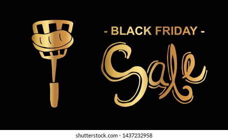 Gold Black Friday Sale Banner and Barbecue. Flat Line Icon, Sign, Symbol Isolated Background. Graphic Design Abstract Art, Elements, Vector Illustration EPS 10.