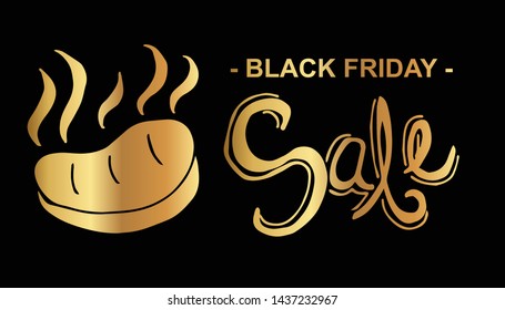 Gold Black Friday Sale Banner and Barbecue. Flat Line Icon, Sign, Symbol Isolated Background. Graphic Design Abstract Art, Elements, Vector Illustration EPS 10.