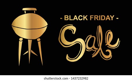 Gold Black Friday Sale Banner and Barbecue. Flat Line Icon, Sign, Symbol Isolated Background. Graphic Design Abstract Art, Elements, Vector Illustration EPS 10.