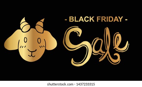 Gold Black Friday Sale Banner and Goat Animal. Flat Line Icon, Sign, Symbol Isolated Background. Graphic Design Abstract Art, Elements, Vector Illustration EPS 10.