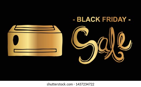 Gold Black Friday Sale Banner and Aircon. Flat Line Icon, Sign, Symbol Isolated Background. Graphic Design Abstract Art, Elements, Vector Illustration EPS 10.