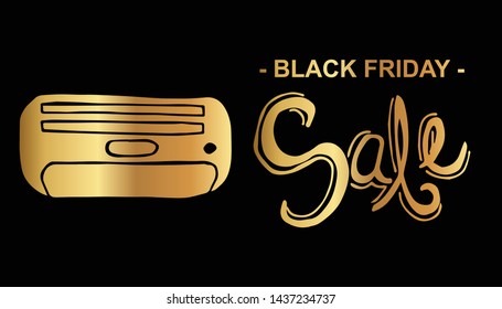 Gold Black Friday Sale Banner and Aircon. Flat Line Icon, Sign, Symbol Isolated Background. Graphic Design Abstract Art, Elements, Vector Illustration EPS 10.