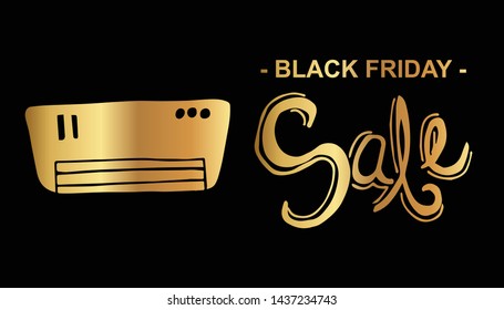 Gold Black Friday Sale Banner and Aircon. Flat Line Icon, Sign, Symbol Isolated Background. Graphic Design Abstract Art, Elements, Vector Illustration EPS 10.