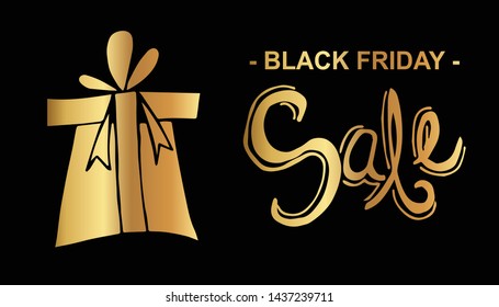 Gold Black Friday Sale Banner and Gift. Flat Line Icon, Sign, Symbol Isolated Background. Graphic Design Abstract Art, Elements, Vector Illustration EPS 10.