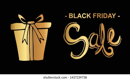 Gold Black Friday Sale Banner and Gift. Flat Line Icon, Sign, Symbol Isolated Background. Graphic Design Abstract Art, Elements, Vector Illustration EPS 10.