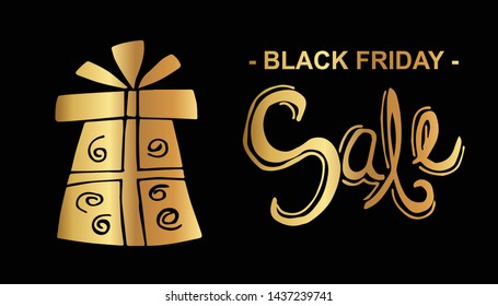 Gold Black Friday Sale Banner and Gift. Flat Line Icon, Sign, Symbol Isolated Background. Graphic Design Abstract Art, Elements, Vector Illustration EPS 10.