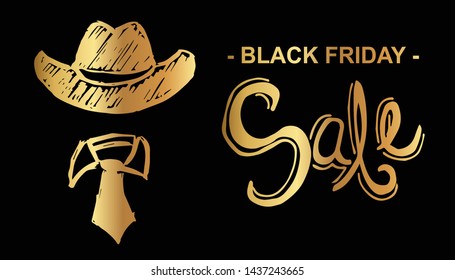 Gold Black Friday Sale Banner and Man Hat and Tie. Flat Line Icon, Sign, Symbol Isolated Background. Graphic Design Abstract Art, Elements, Vector Illustration EPS 10.