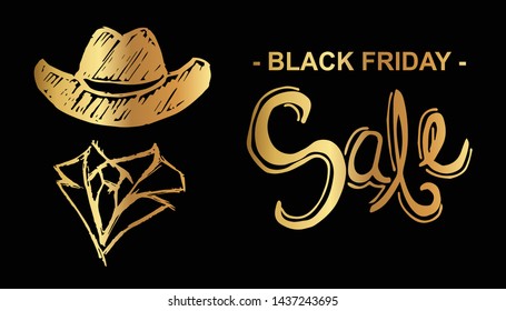 Gold Black Friday Sale Banner and Man Hat and Tie. Flat Line Icon, Sign, Symbol Isolated Background. Graphic Design Abstract Art, Elements, Vector Illustration EPS 10.
