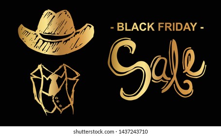 Gold Black Friday Sale Banner and Man Hat and Tie. Flat Line Icon, Sign, Symbol Isolated Background. Graphic Design Abstract Art, Elements, Vector Illustration EPS 10.